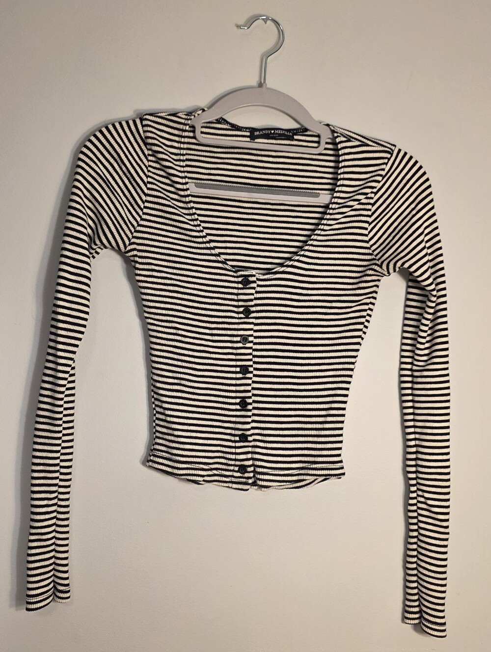 Brandy Melville Black and White Striped Long Sleeve Crop Top